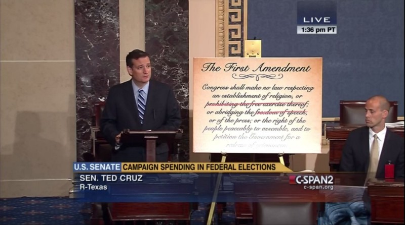 Sen. Ted Cruz (R-TX) delivers a 2014 floor speech about the importance of protecting the freedom of speech for corporations and dark money political groups. CREDIT: C-SPAN2
