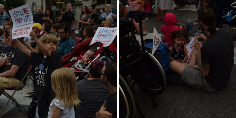 Little Lobbyists at the “Our Lives on the Line” rally in Washington D.C. (Left) ACA beneficiary Timmy Morrison waves rally sign. (Right) Medicaid beneficiary Xiomara Hung waves flag at rally. Credit: Amanda Gomez/ThinkProgress