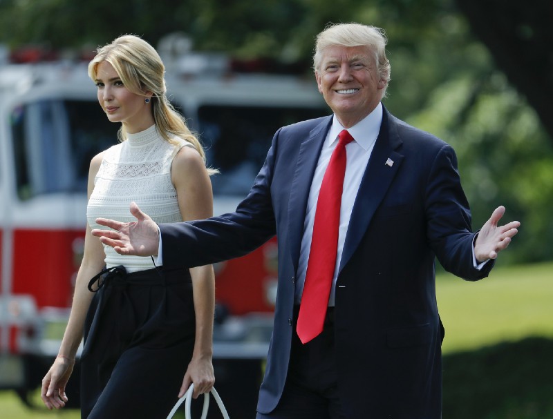 President Donald Trump smiles as he walks with his daughter Ivanka Trump across the South Lawn of the White House in Washington, Tuesday, June 13, 2017, before boarding Marine One helicopter for the trip to nearby Andrews Air Force Base. They are traveling to Milwaukee, to meet with people dealing with healthcare issues. CREDIT: AP Photo/Pablo Martinez Monsivais