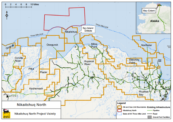 The drilling location is in the Nikaitchuq area of the North Slope, which lies between the Alaska National Wildlife Refuge and the National Petroleum Reserve-Alaska. CREDIT: Energy Information Administration (left); BOEM (right)