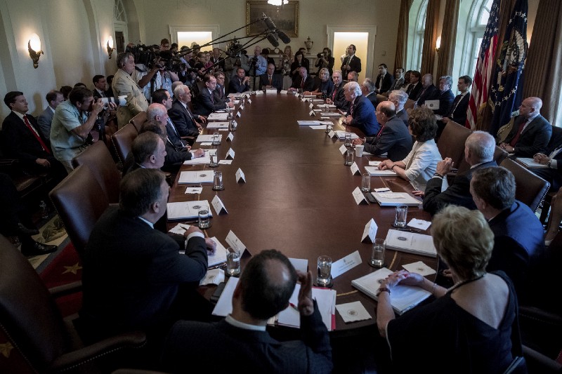 President Donald Trump speaks during a cabinet meeting, Monday, June 12, 2017, in the Cabinet Room of the White House in Washington. CREDIT: AP Photo/Andrew Harnik