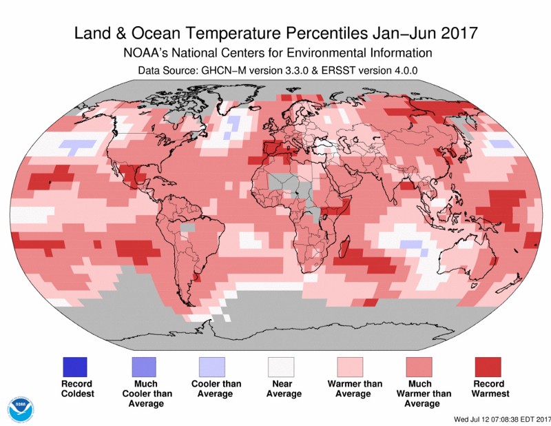 How January-June temperatures globally rank compared to the 20th century average. CREDIT: NOAA
