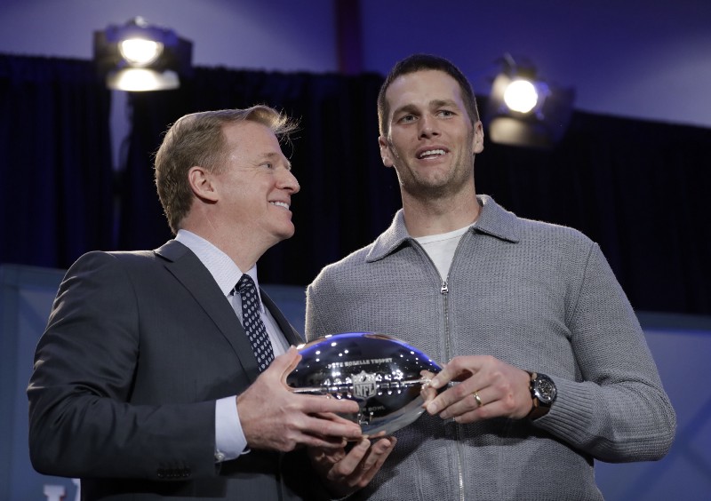 NFL commissioner Roger Goodell and New England Patriots quarterback Tom Brady pose during a news conference after the NFL Super Bowl 51 football game Monday, Feb. 6, 2017, in Houston. CREDIT: AP Photo/David J. Phillip