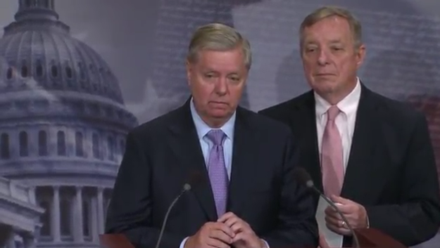 Sens Lindsey Graham (R-SC) and Dick Durbin (D-IL) at a press conference to announce the DREAM Act bill on July 20, 2017. CREDIT: Screengrab