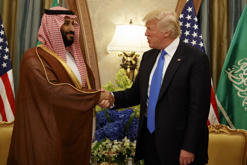 U.S. President Donald Trump shakes hands with Saudi Deputy Crown Prince and Defense Minister Mohammed bin Salman during a bilateral meeting, in Riyadh, Saudi Arabia, May 20, 2017. CREDIT: AP Photo/Evan Vucci, File