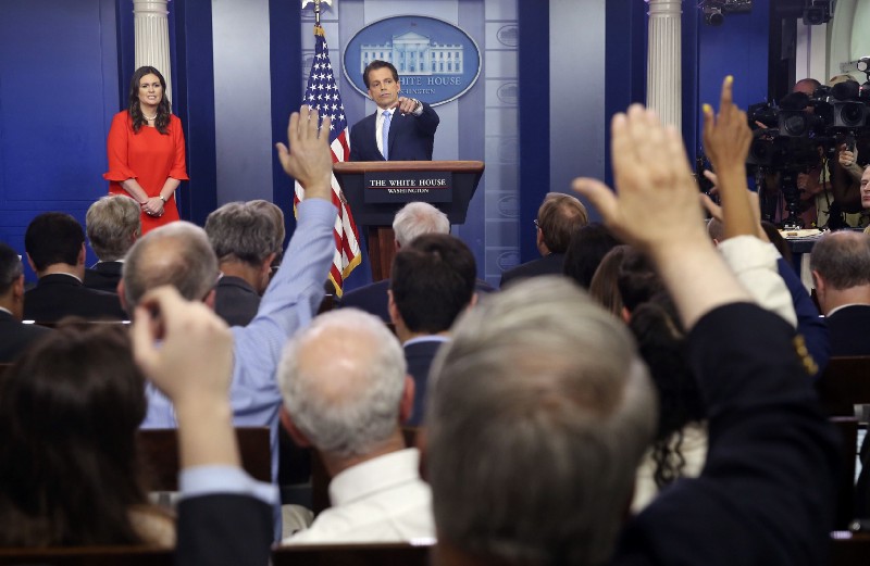 Trump’s new communications director, Anthony Scaramucci, takes questions from reporters. CREDIT: AP Photo/Pablo Martinez Monsivais