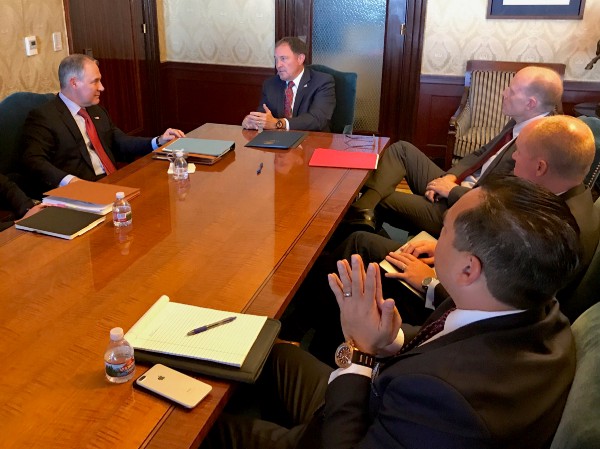EPA Administrator Scott Pruitt, left, met with Utah Gov. Gary Herbert, center, and Utah Attorney General Sean Reyes, foreground, on Tuesday. CREDIT: EPA