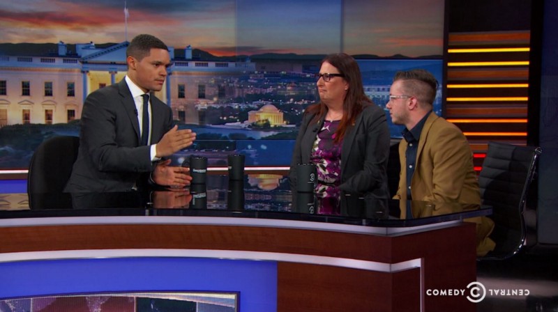 Trevor Noah interviewing transgender veterans Jennifer Marie Long and Joey Whimple. CREDIT: The Daily Show/Comedy Central
