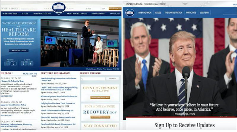 The White House homepage for the Obama administration on July 6, 2009 vs. Trump administration on July 6, 2017, CREDIT: Politico/Dan Diamond