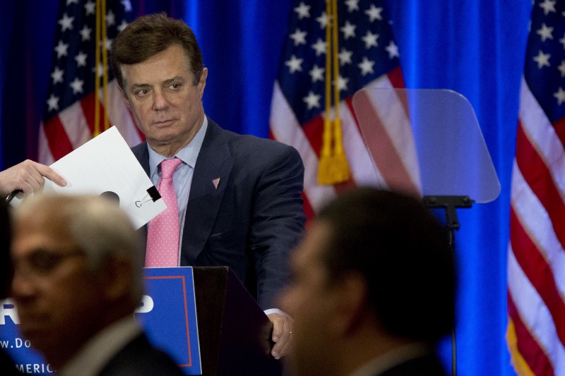 In this June 22, 2016 photo Paul Manafort appears on stage ahead of Republican presidential candidate Donald Trump, Wednesday, June 22, 2016, in New York. CREDIT: AP Photo/Mary Altaffer