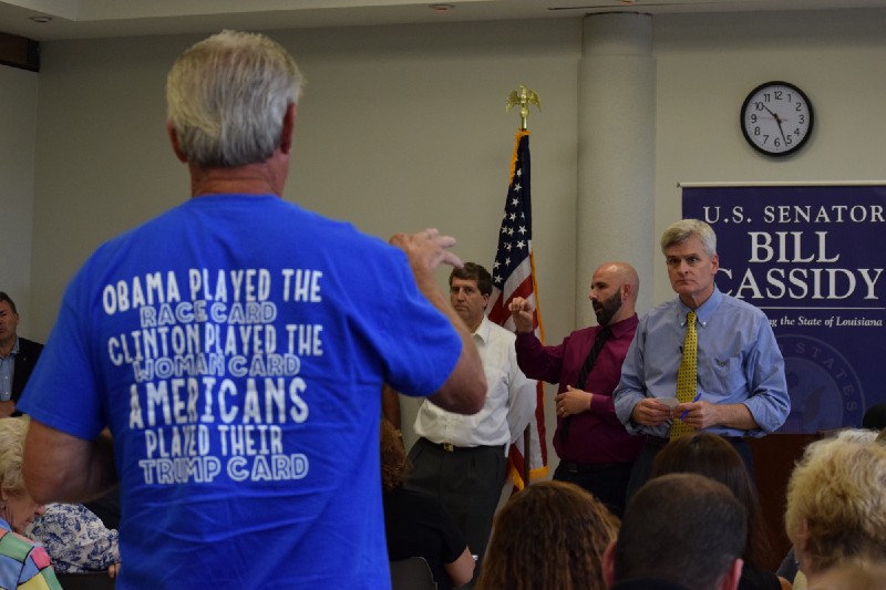 Senator Cassidy speaking to residents in East Baton Rouge Parish Library — Central Branch. CREDIT: ThinkProgress/Amanda Gomez