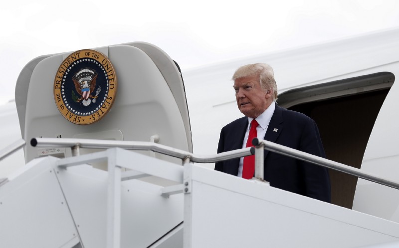President Donald Trump arrives on Air Force One at Raleigh County Memorial Airport, in Beaver, W.Va., Monday, July 24, 2017, en route to the 2017 National Scout Jamboree in Glen Jean, W.Va.. CREDIT: AP Photo/Carolyn Kaster