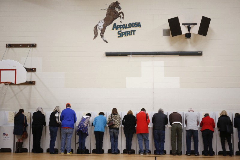 Voters cast their ballots at Cynthia Mann Elementary School in Boise, Idaho, on Tuesday, Nov. 8, 2016. CREDIT: AP Photo/Otto Kitsinger
