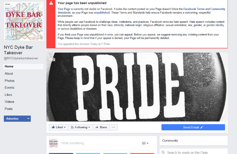 NYC Dyke Bar Takeover’s page was removed after being up for about a year. It was later restored. CREDIT: NYC Dyke Bar Takeover on Facebook