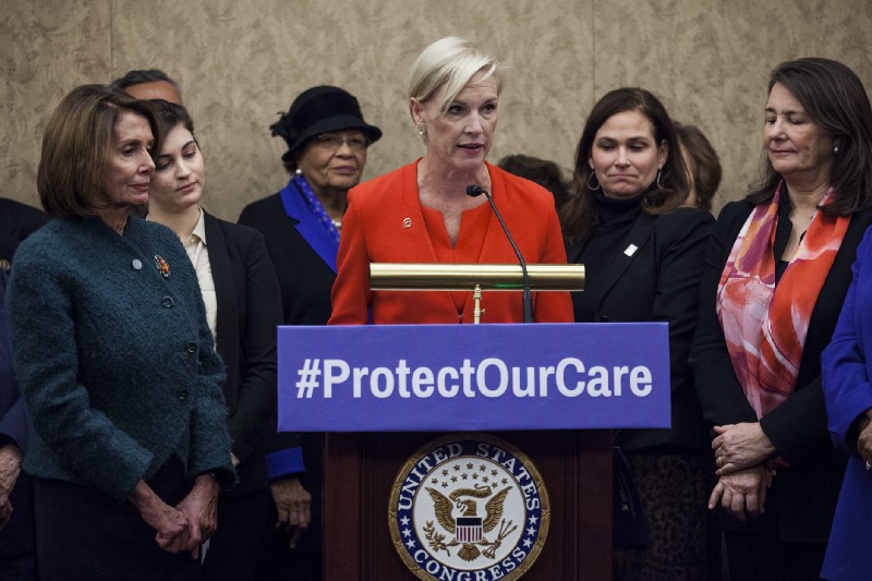 Planned Parenthood president Cecile Richards, joined by House Minority Leader Nancy Pelosi of Calif., left, and Rep. Diana DeGette, D-Colo., right, and others, speaks during a news conference discussing women’s health care, Thursday, Jan. 5, 2017, on Capitol Hill in Washington. CREDIT: AP Photo/Zach Gibson