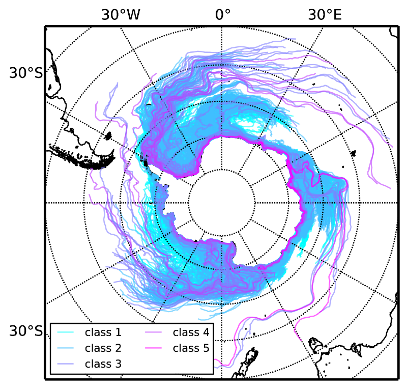 This map shows the trajectory of Antarctic icebergs of different sizes. Class 1 icebergs are the smallest. Class 5 are the largest. CREDIT: Thomas Rackow