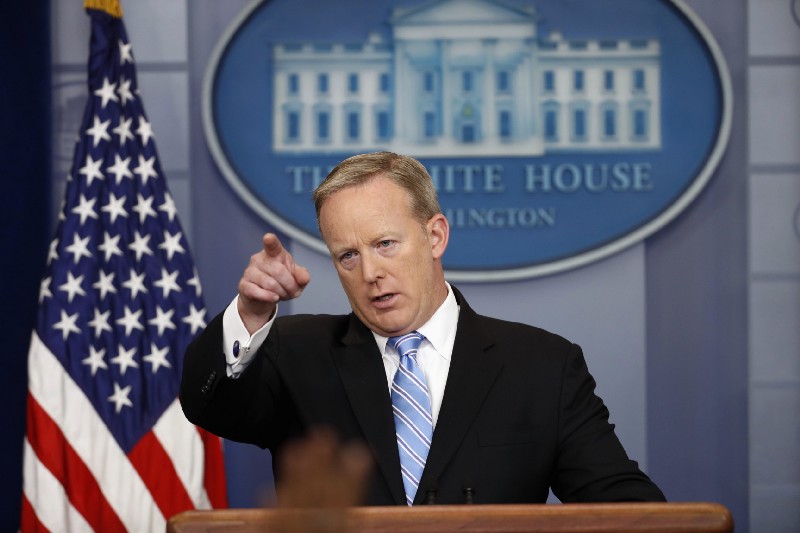 White House press secretary Sean Spicer points to a questioner during the daily news briefing at the White House in Washington, Monday, June 26, 2017. CREDIT: AP Photo/Alex Brandon
