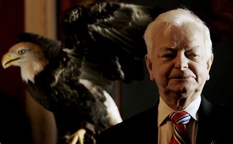Sen. Robert Byrd, D-W.Va., is pictured with American bald eagle “Challenger” on Capitol Hill in Washington. CREDIT: AP Photo/Charles Dharapak