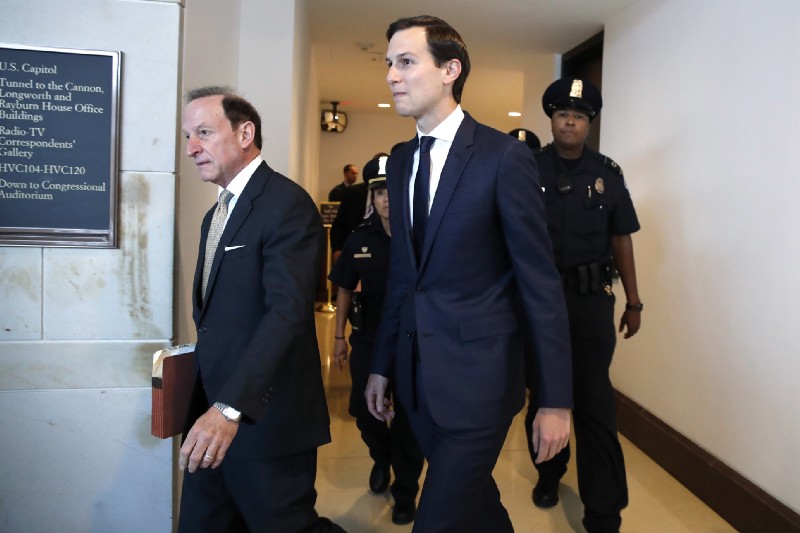 White House adviser Jared Kushner, center, and his attorney Abbe Lowell, left, arrive on Capitol Hill in Washington, Tuesday, July 25, 2017, to be interviewed behind closed doors by the House Intelligence Committee. CREDIT: AP Photo/Jacquelyn Martin