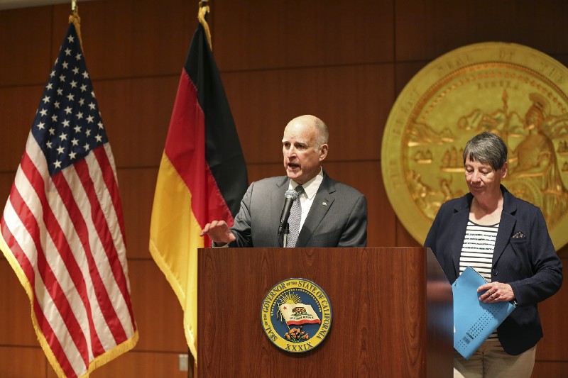 California Gov. Jerry Brown with German Federal Minister for the Environment Barbara Hendricks. CREDIT: AP Photo/Linda Wang