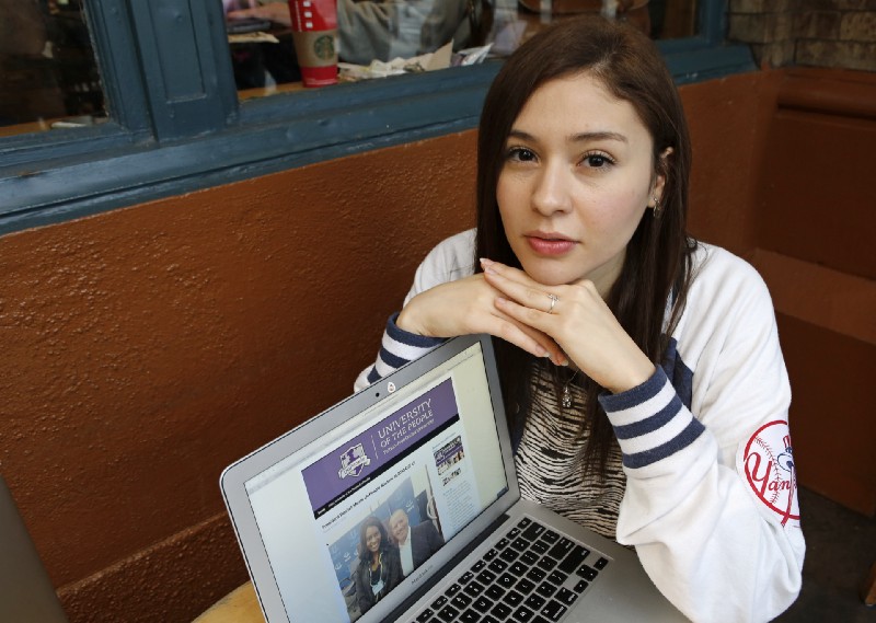 Colombian-born Nathaly Ordonez, 23, nearly gave up on the idea of attending college after learning her family’s visas had expired, thrusting her into immigration limbo when she graduated from a New Jersey high school. But now she hopes to work in advertising when she earns her degree at the tuition-free university; CREDIT: AP Photo/Kathy Willens