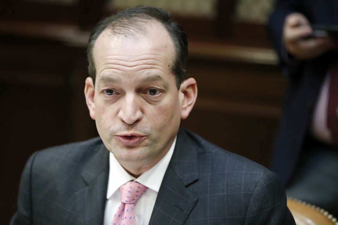 Labor Secretary Alexander Acosta is seen in the Roosevelt Room of the White House in Washington, Wednesday, Aug. 2, 2017. CREDIT: AP/Alex Brandon)