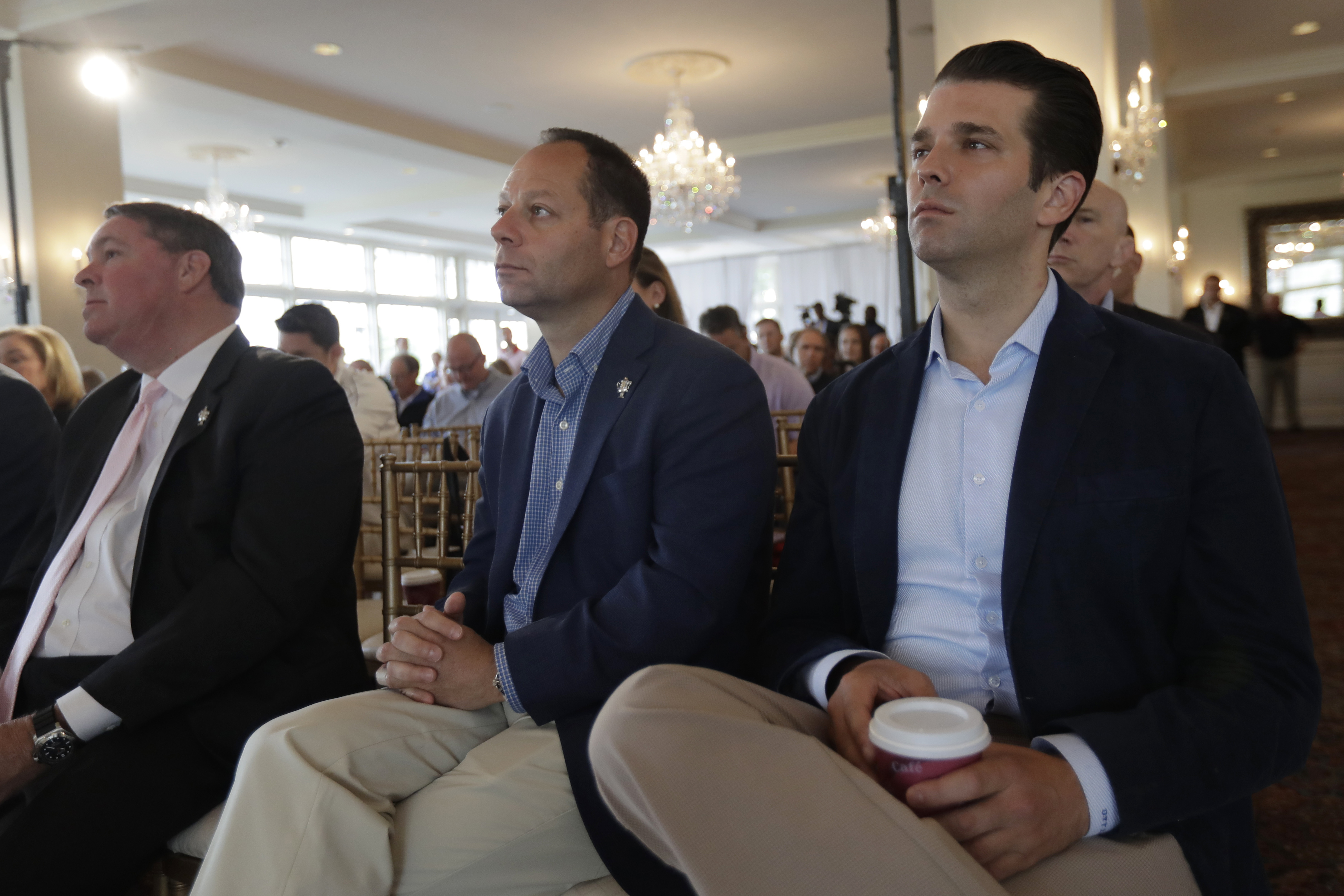 Donald Trump Jr., right, attends a media event at Trump National Golf Club, which hosted the U.S. Women's Open Championship, Wednesday, May 24, 2017, in Bedminster, N.J. (AP Photo/Julio Cortez)