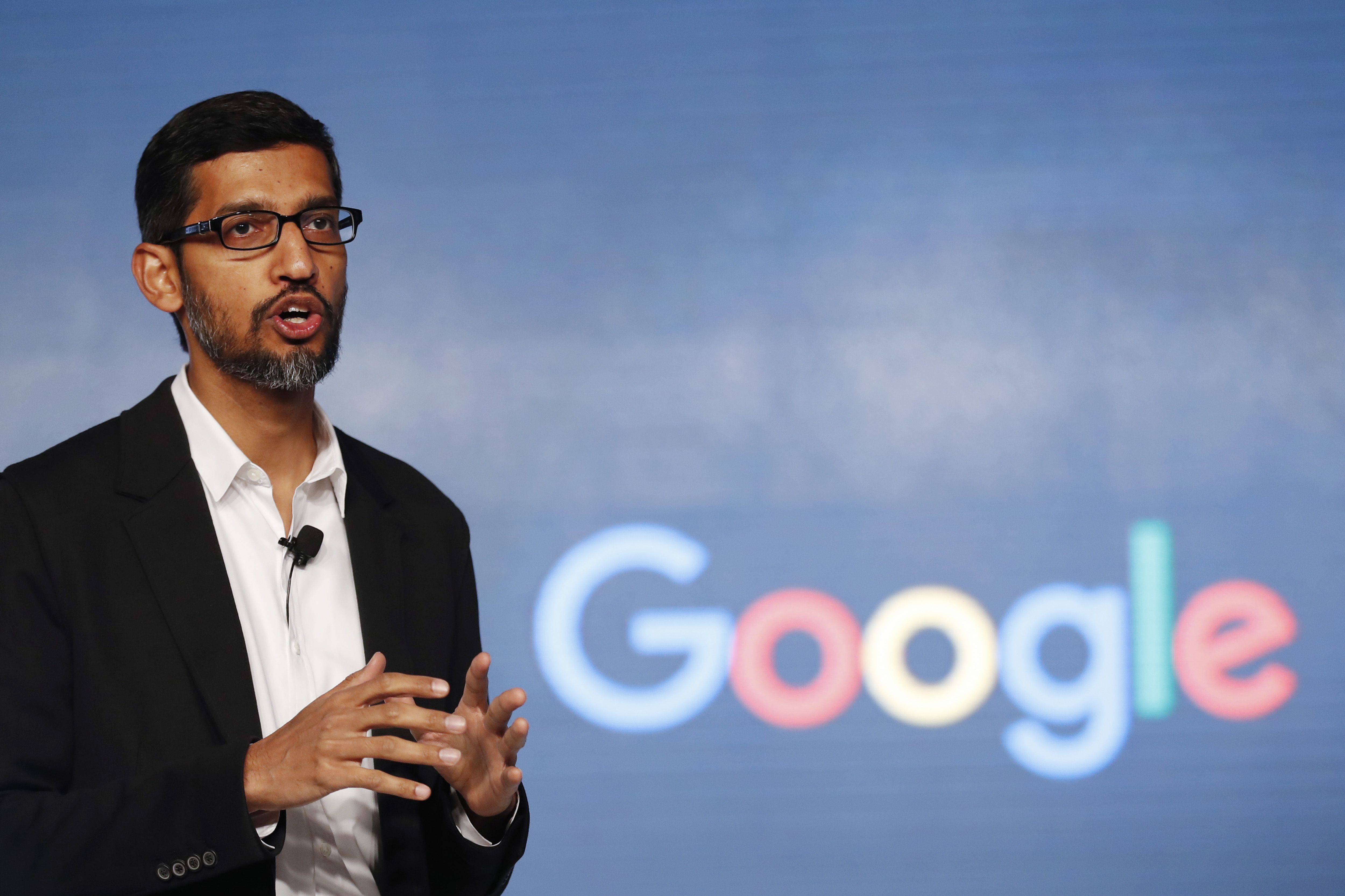 FILE - In this Wednesday, Jan. 4, 2017, file photo, Google CEO Sundar Pichai speaks during a news conference on Google's collaboration with small scale local businesses in New Delhi. U.S. tech companies fear the Trump administration will target a visa program they cherish for bringing in engineers and other specialized workers from other countries. Although these visas, known as H-1B, aren’t supposed to displace American workers, critics say safeguards are weak. This comes amid a temporary ban on nationals of seven Muslim-majority countries from entering the U.S., including those who are employed by Google and other tech companies but were out of the country when the surprise order was issued Friday, Jan. 27. (AP Photo/Tsering Topgyal, File)