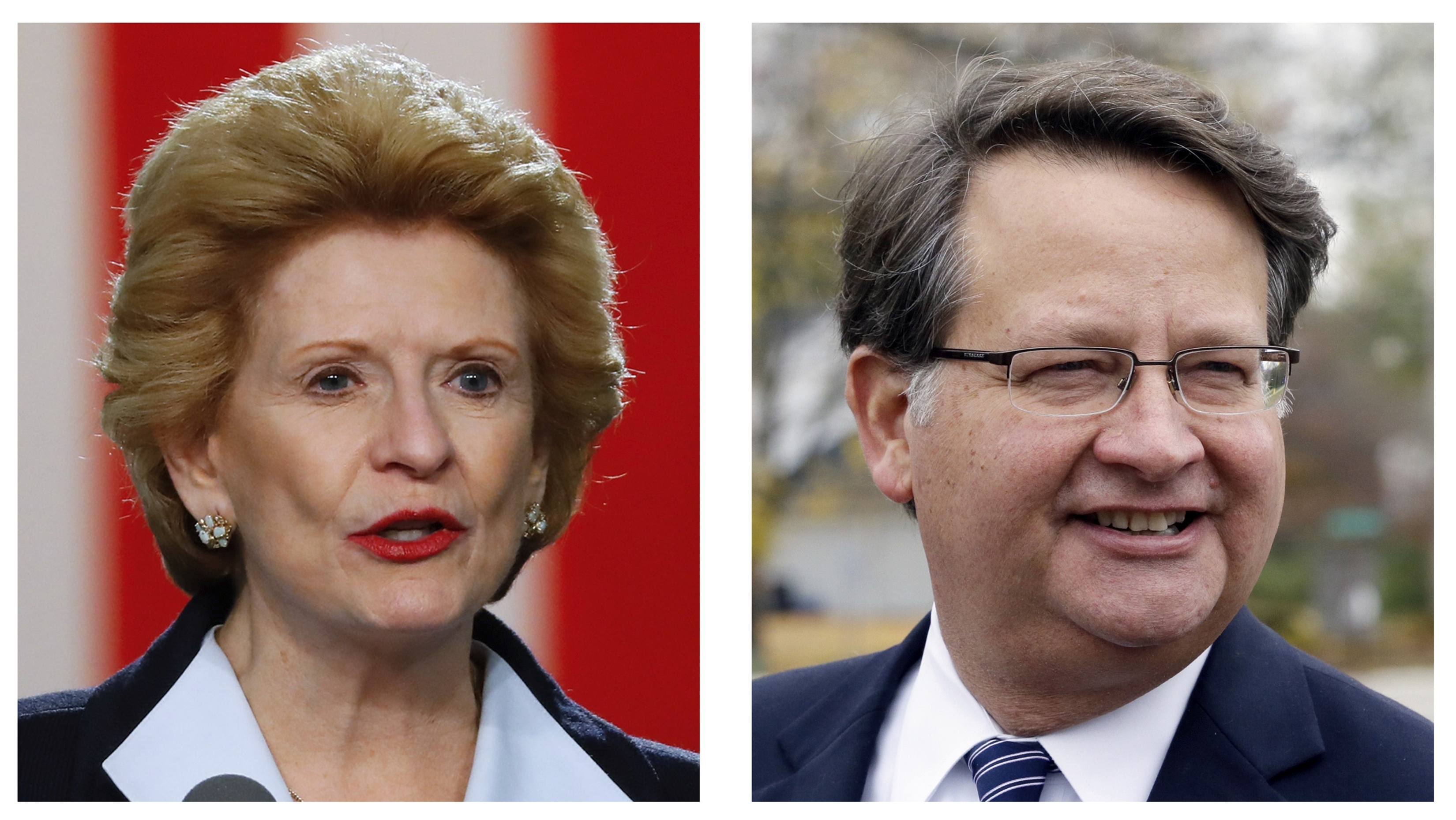 FILE- Sen. Debbie Stabenow, shown in an Oct. 18, 2016 file photo in Detroit and then Democratic Senate candidate Gary Peters, shown in a Nov. 4, 2014 in Bloomfield Hills, Mich., are Michigan's two Democratic senators. CREDIT: AP Photo