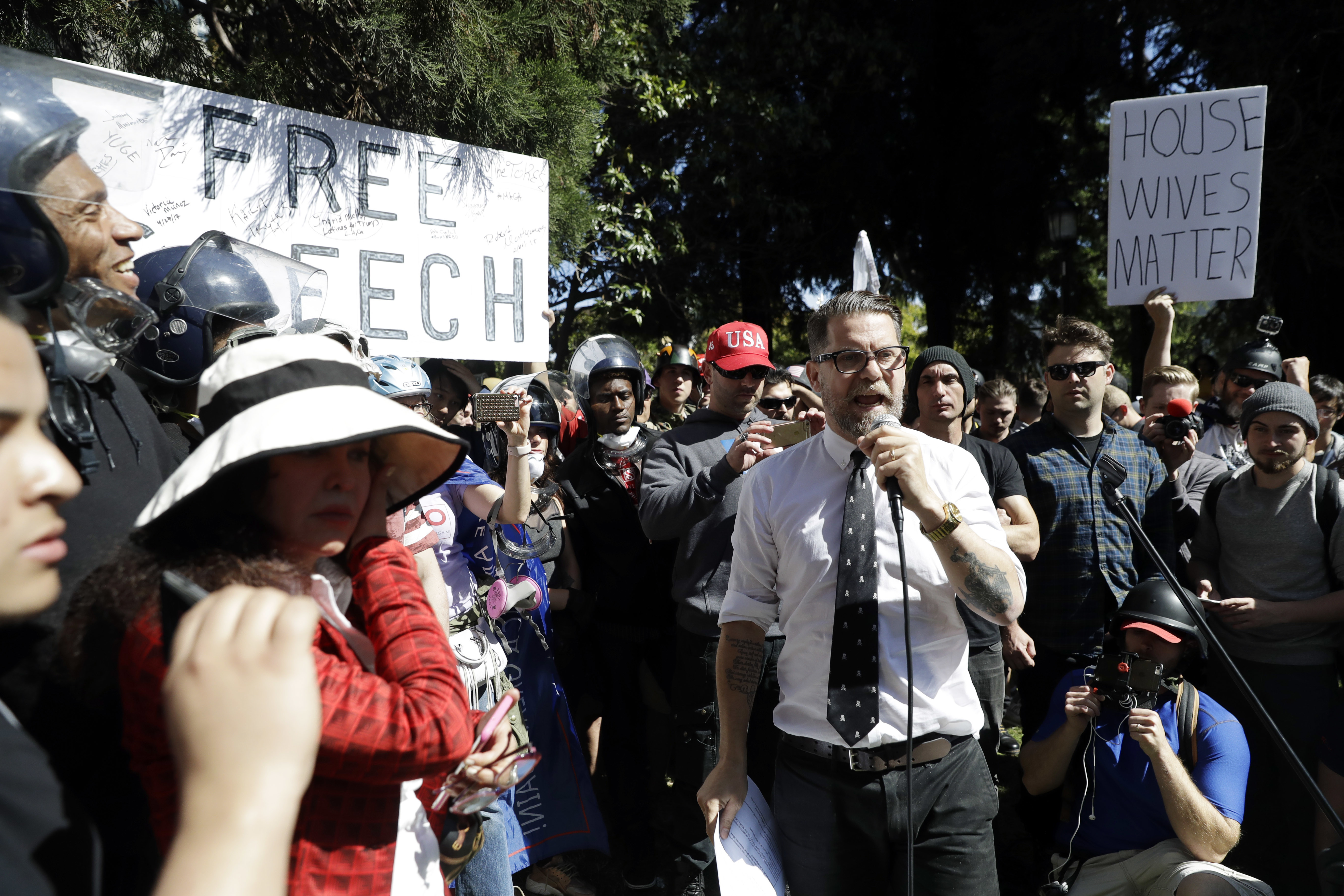 "Proud Boy" founder Gavin McInnes at a demonstration near the University of California, Berkeley campus (CREDIT: AP Photo/Marcio Jose Sanchez)
