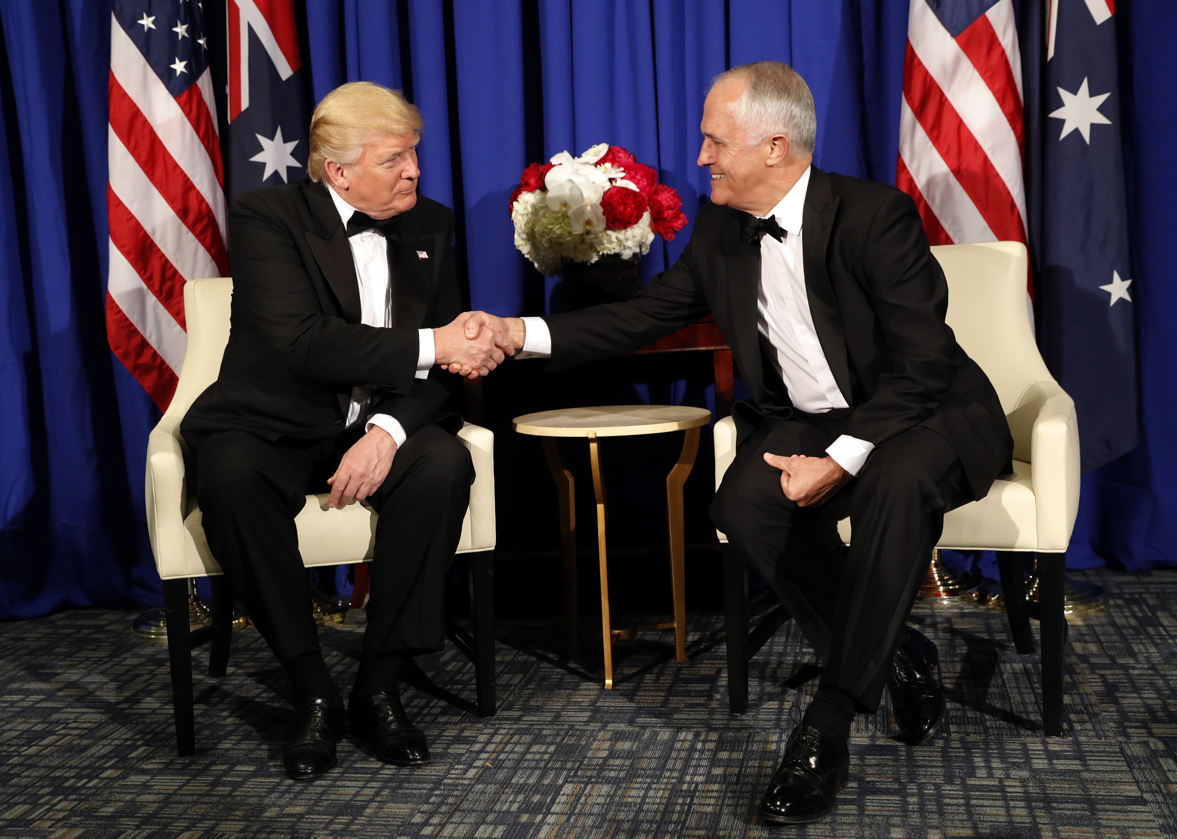 President Donald Trump shakes hands with Australian Prime Minister Malcolm Turnbull, May 4, 2017. CREDIT: AP Photo/Pablo Martinez Monsivais