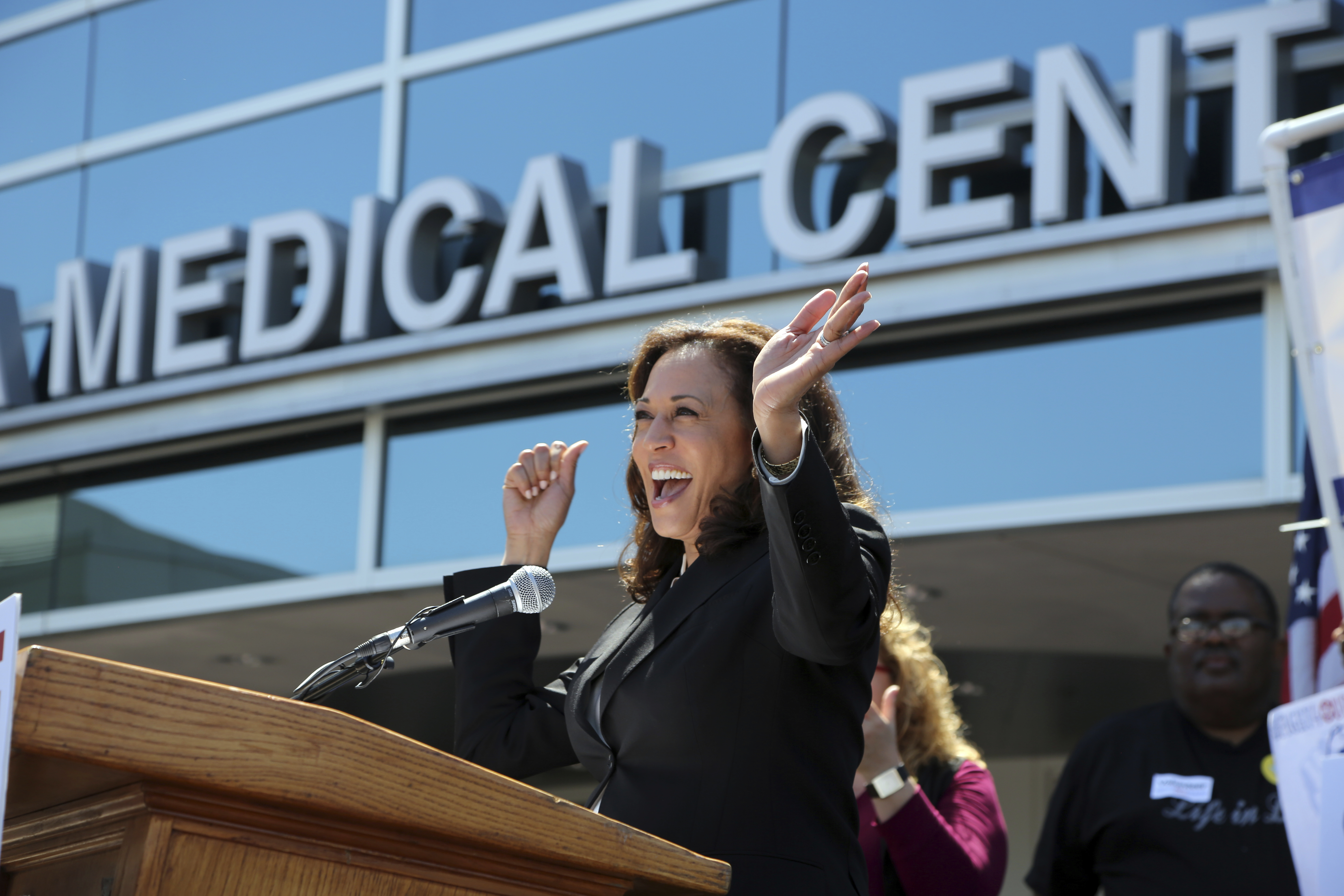 U.S. Sen. Kamala Harris, D-Calif., at a rally against the repeal or replacement of Obamacare, at Harbor-UCLA Medical Center in Torrance, Calif., Monday, July 3, 2017. CREDIT: AP Photo/Reed Saxon