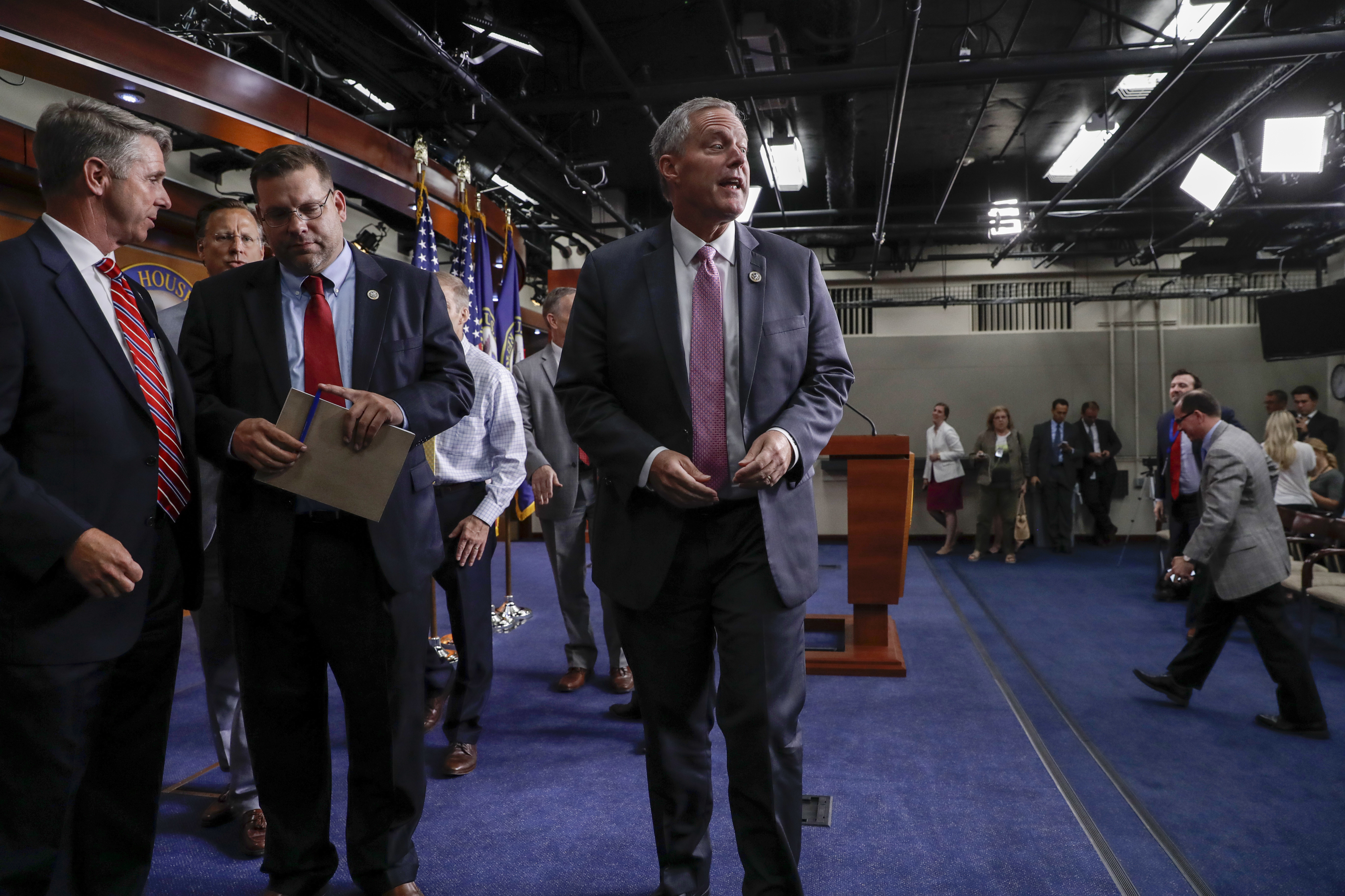 House Freedom Caucus Chairman Rep. Mark Meadows, R-N.C. leaves a news conference on Capitol Hill in Washington, Wednesday, July 12, 2017. CREDIT: AP Photo/J. Scott Applewhite