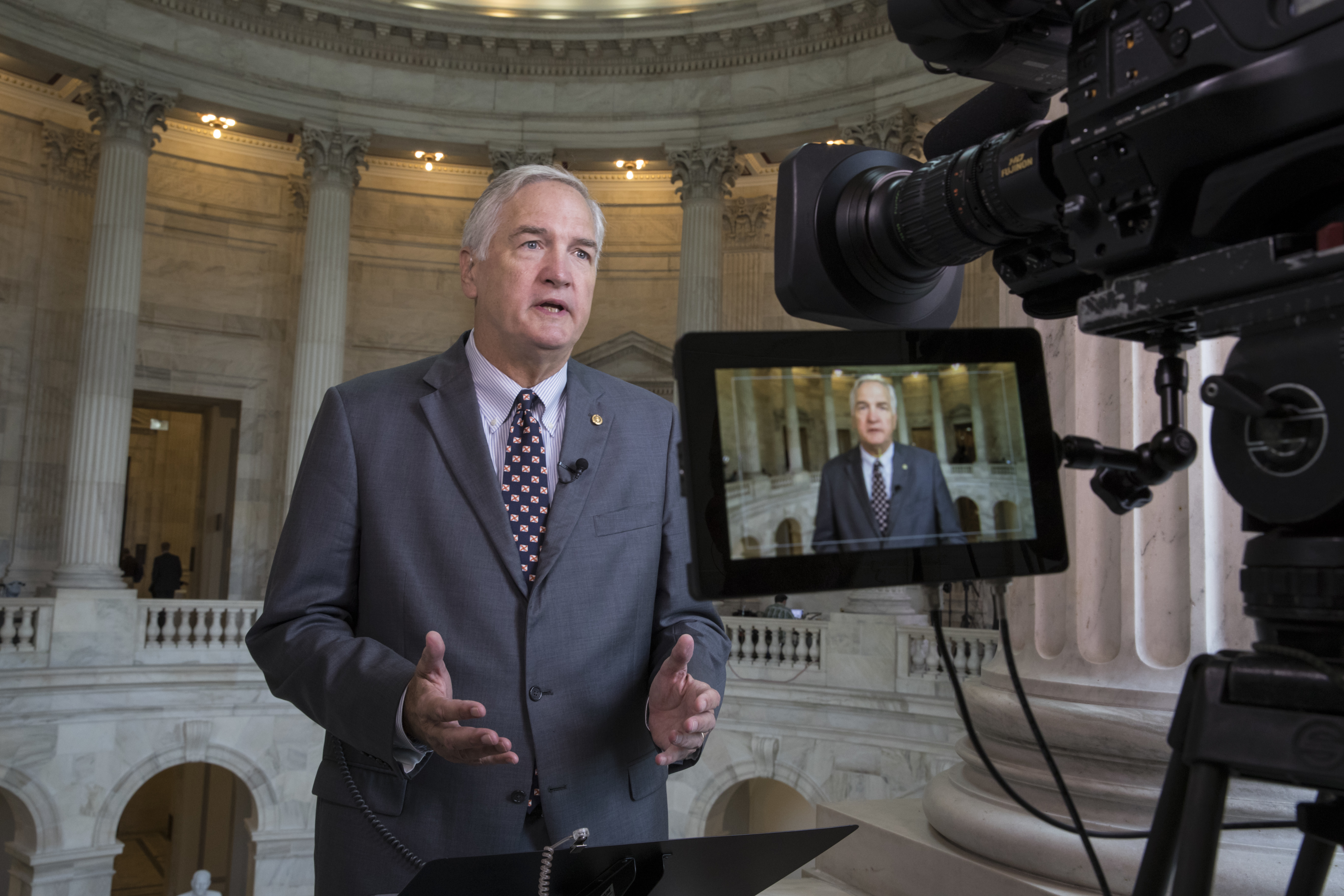 In this July 11, 2017 file photo, Sen. Luther Strange, R-Ala. responds to questions during a TV news interview on Capitol Hill in Washington. A super PAC supporting Strange launched another ad spotlighting U.S. Rep. Mo Brooks’ past criticisms of President Donald Trump in a bid to keep the conservative congressman out of a runoff in Alabama’s heated Senate primary. The advertisement is the latest move in a strategy to harness Trump’s continued popularity in the deeply red state to benefit Strange. It banks on the idea that anti-Trump sentiments will turn off GOP voters. CREDIT: AP Photo/J. Scott Applewhite, File