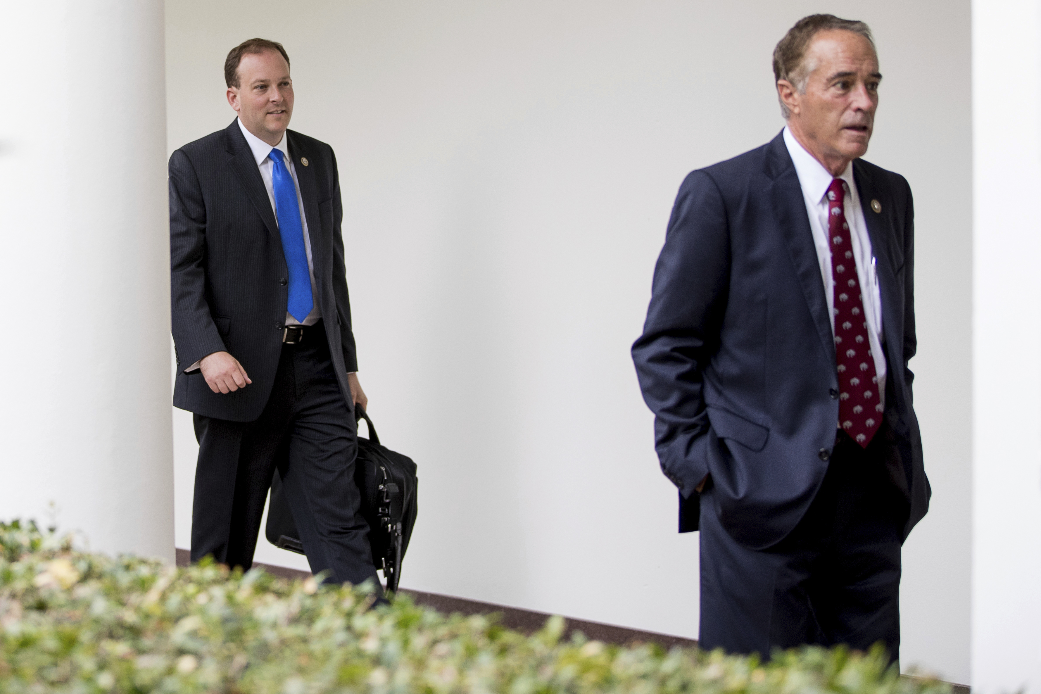 Rep. Lee Zeldin, R-N.Y. left, follows Rep. Chris Collins R-N.Y., walk through the colonnade from the West Wing into the White House in Washington, Friday, July 28, 2017. (AP Andrew Harnik)