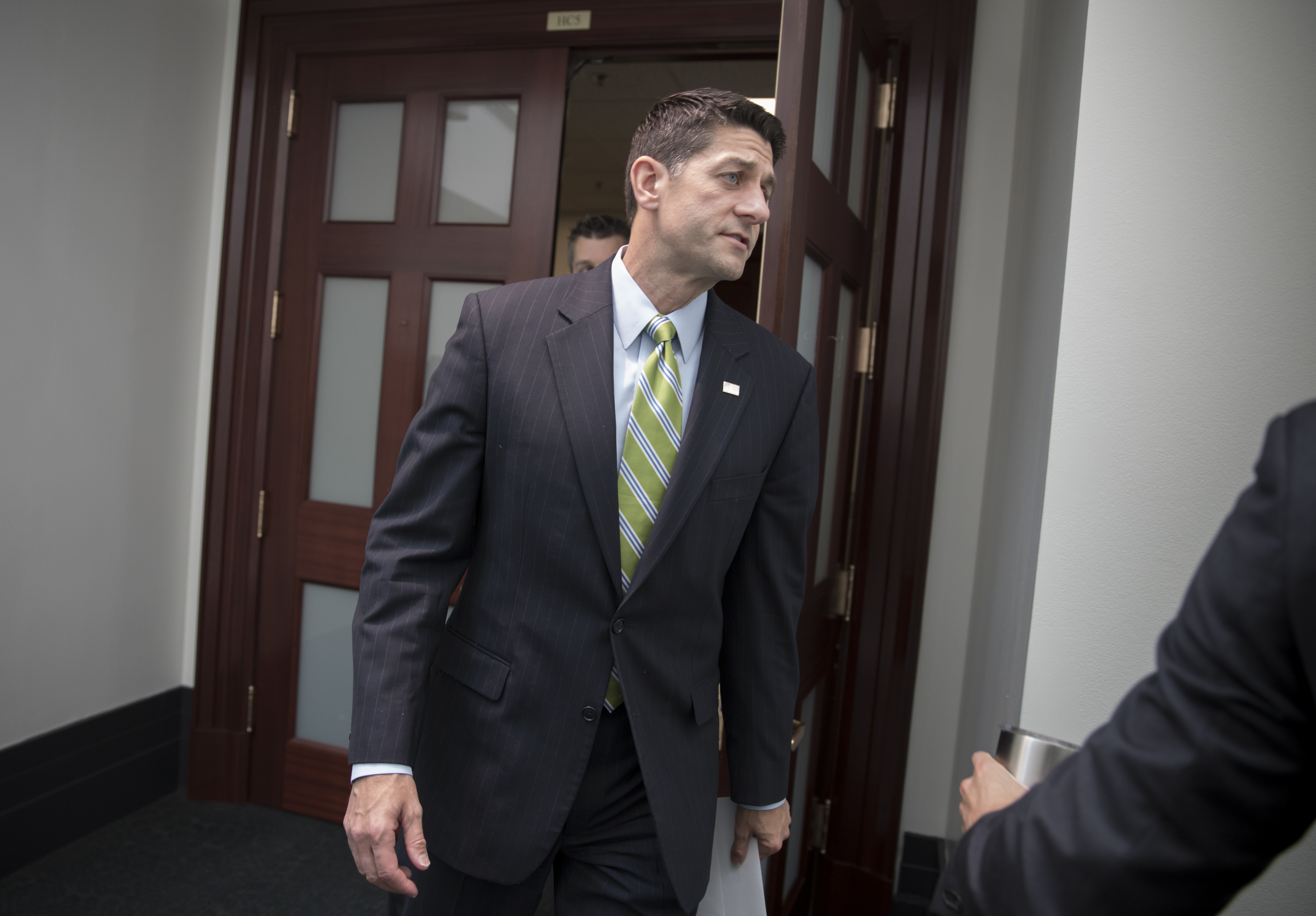 House Speaker Paul Ryan of Wis. emerges from a House Republican Conference meeting on Capitol Hill in Washington, Friday, July 28, 2017. CREDIT: AP Photo/J. Scott Applewhite