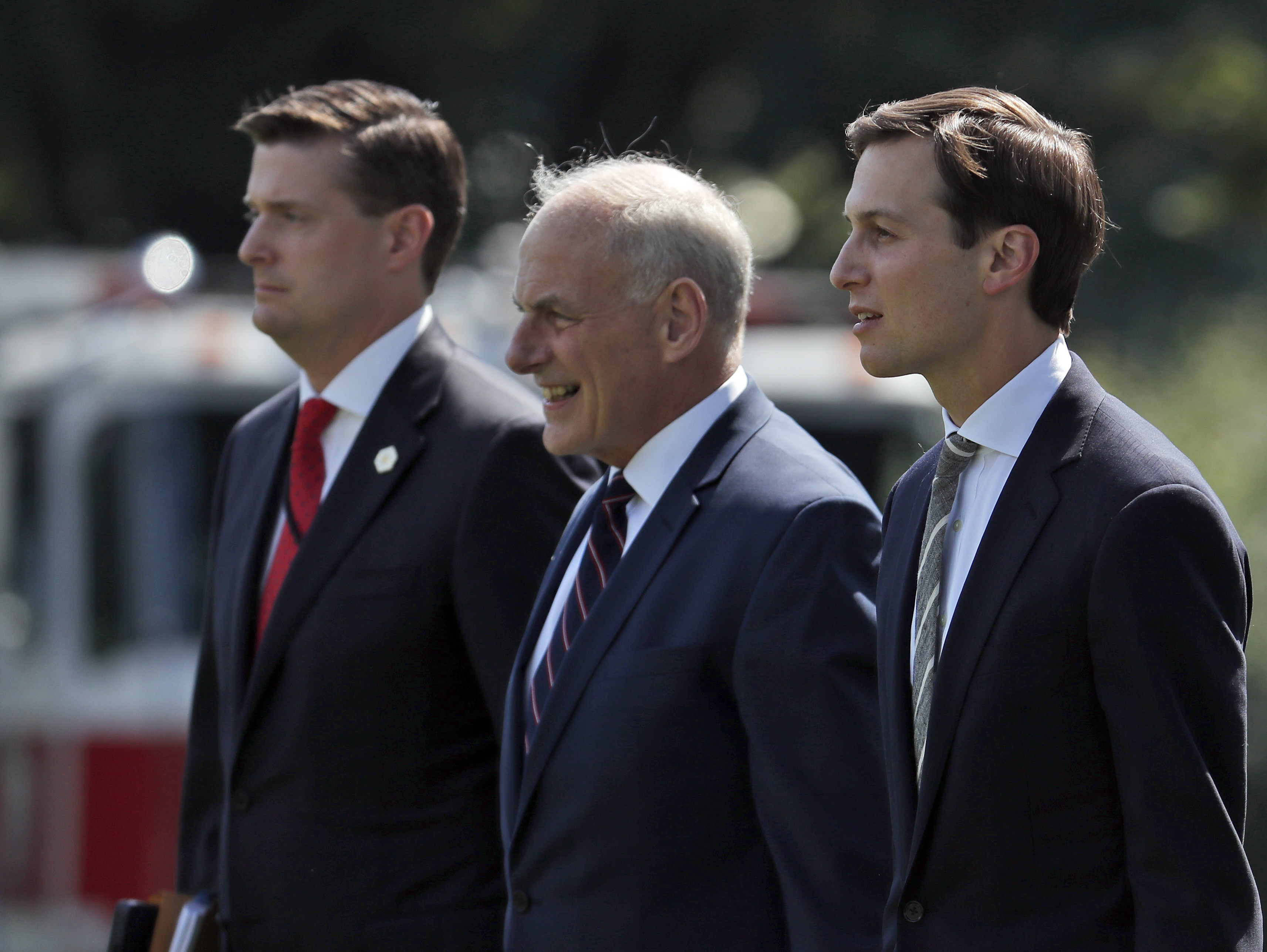 From left, White House Staff Secretary Rob Porter, White House Chief of Staff John Kelly, and White House senior adviser Jared Kushner walk to Marine One on the South Lawn of the White House in Washington, Friday, Aug. 4, 2017. President Donald Trump is en route to Bedminster, N.J., for vacation. CREDIT: AP Photo/Alex Brandon