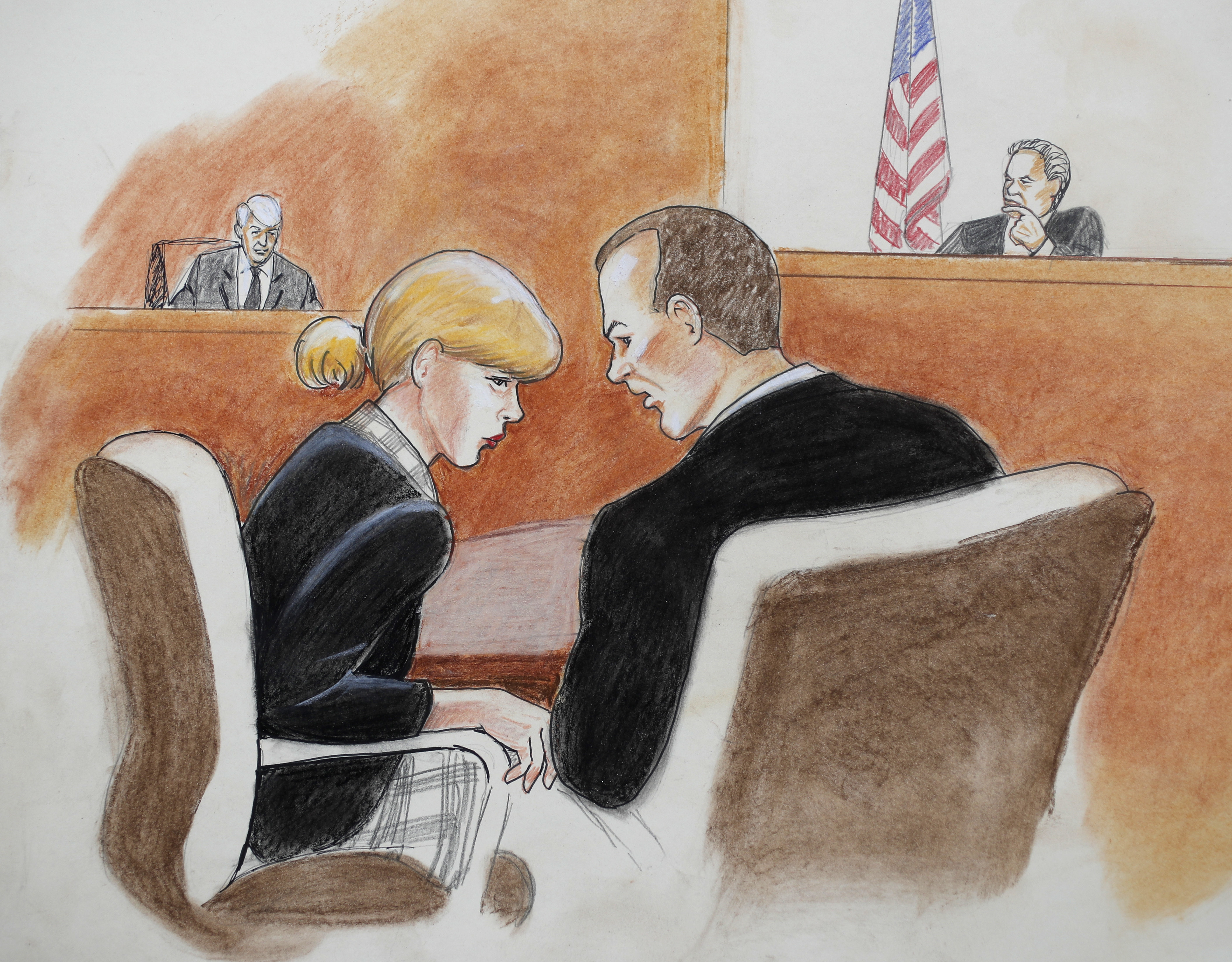 In this courtroom sketch, Taylor Swift, front left, confers with her attorney as David Mueller, back left, and the judge look on during a civil trial in federal court Tuesday, Aug. 8, 2017, in Denver. CREDIT: Jeff Kandyba via AP
