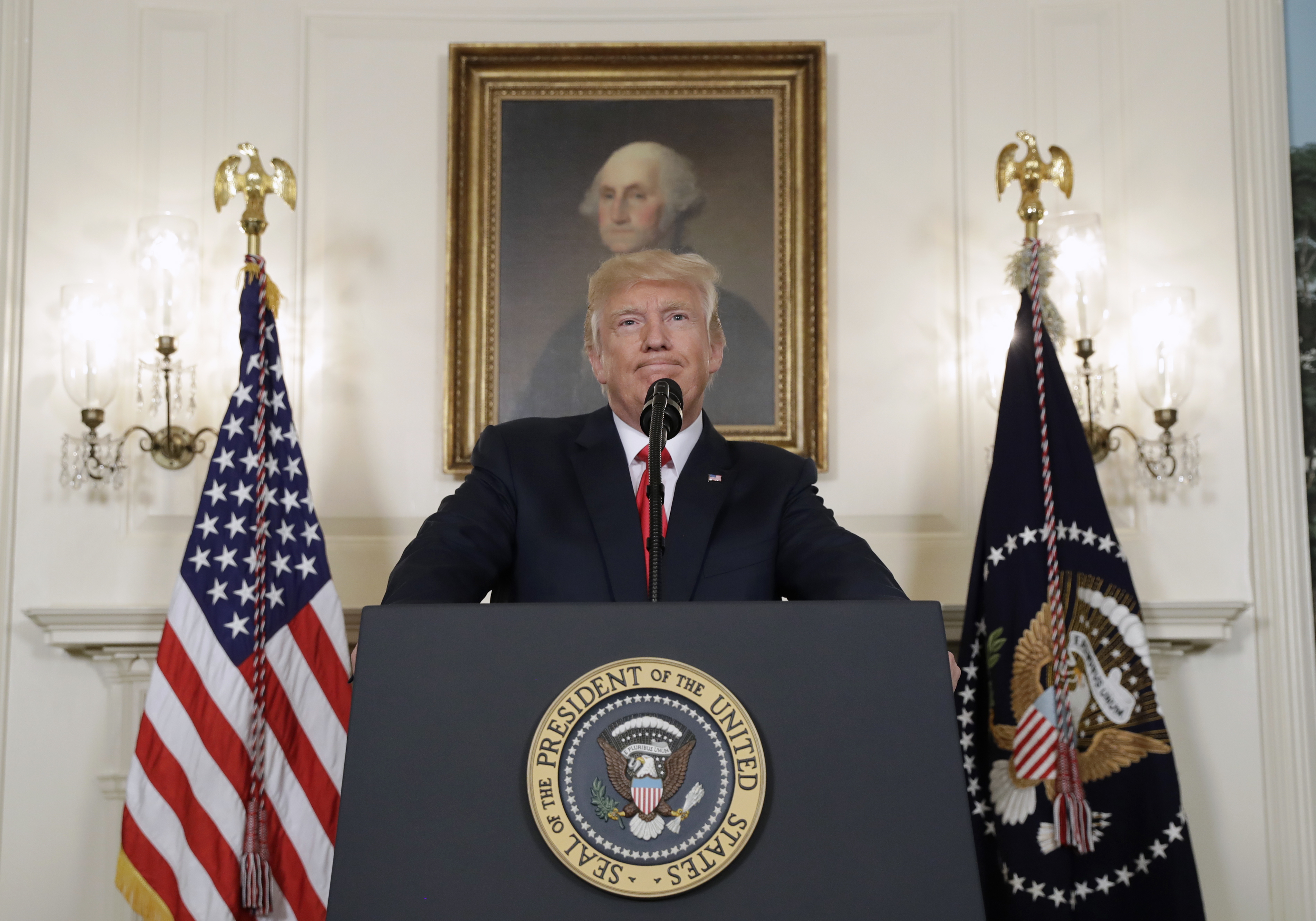 President Donald Trump pauses while speaking in the Diplomatic Reception Room of the White House in Washington, Monday, Aug. 14, 2017. CREDIT: AP Photo/Evan Vucci