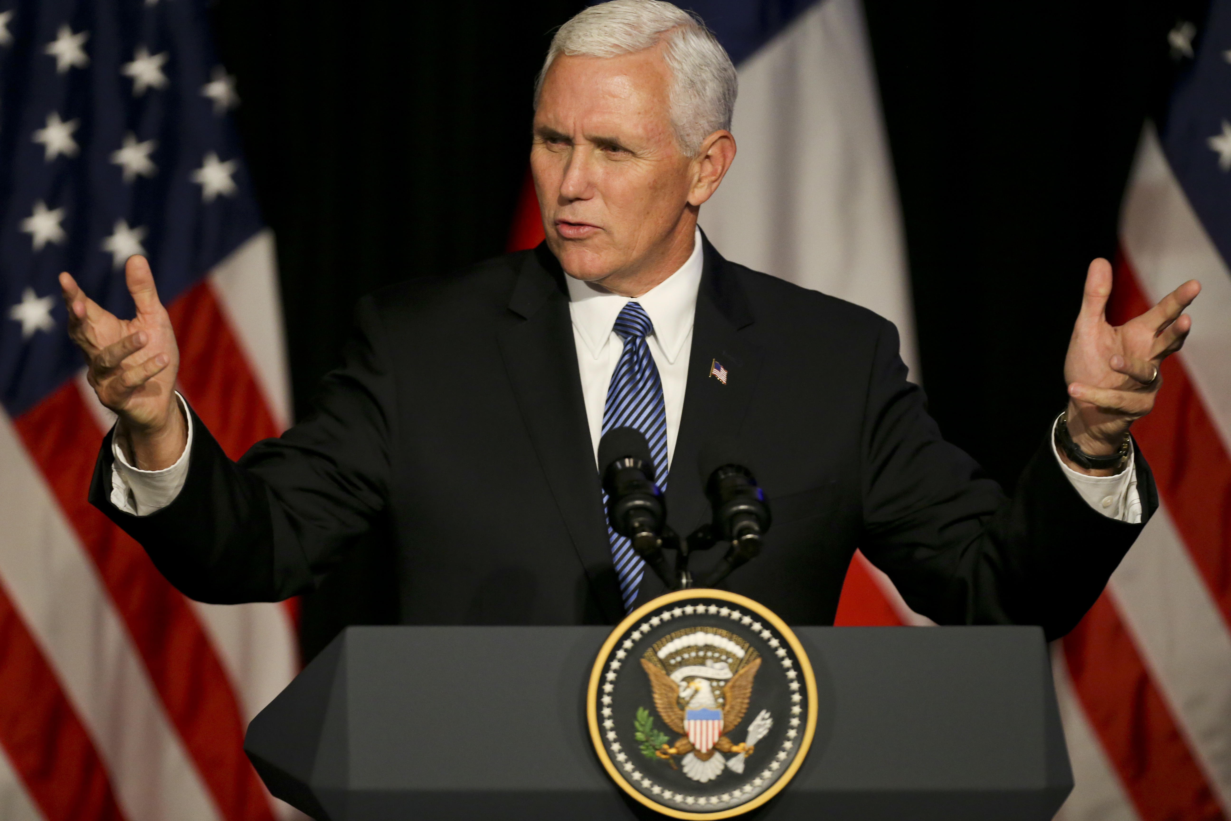 U.S. Vice President Mike Pence speaks to members of the Chilean-American Chamber of Commerce, AmCham, in Santiago, Chile, Wednesday, Aug. 16, 2017. Pence is on an official visit to Chile until Thursday, when he will head to Panama, during his week-long visit to Latin America. (AP Photo/Esteban Felix)