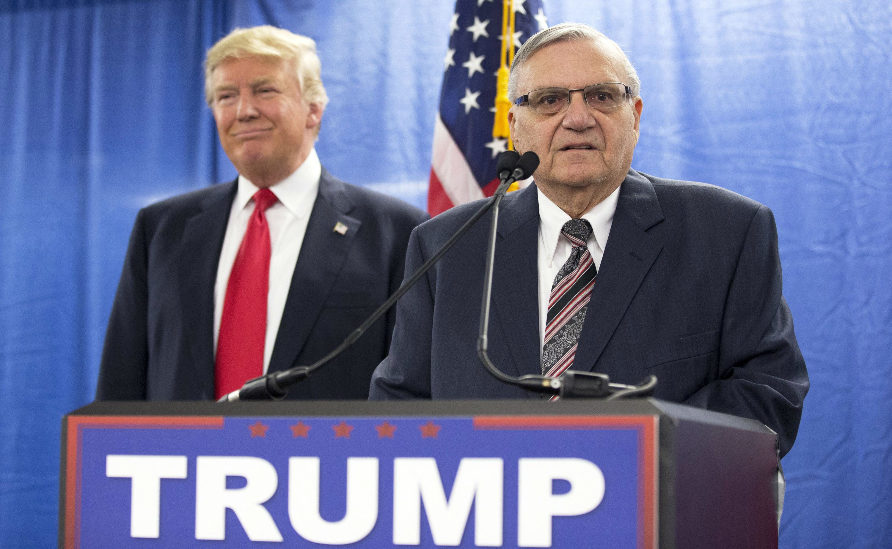 FILE - In this Jan. 26, 2016 file photo, then-Republican presidential candidate Donald Trump was joined by Joe Arpaio, the sheriff of metro Phoenix, during a news Trump was just a few weeks into his candidacy in 2015 when came to Phoenix for a speech that ended up being a bigger moment in his campaign than most people realized at the time. And now Trump is coming back to Arizona at another crucial moment in his presidency. (AP Photo/Mary Altaffer, File)