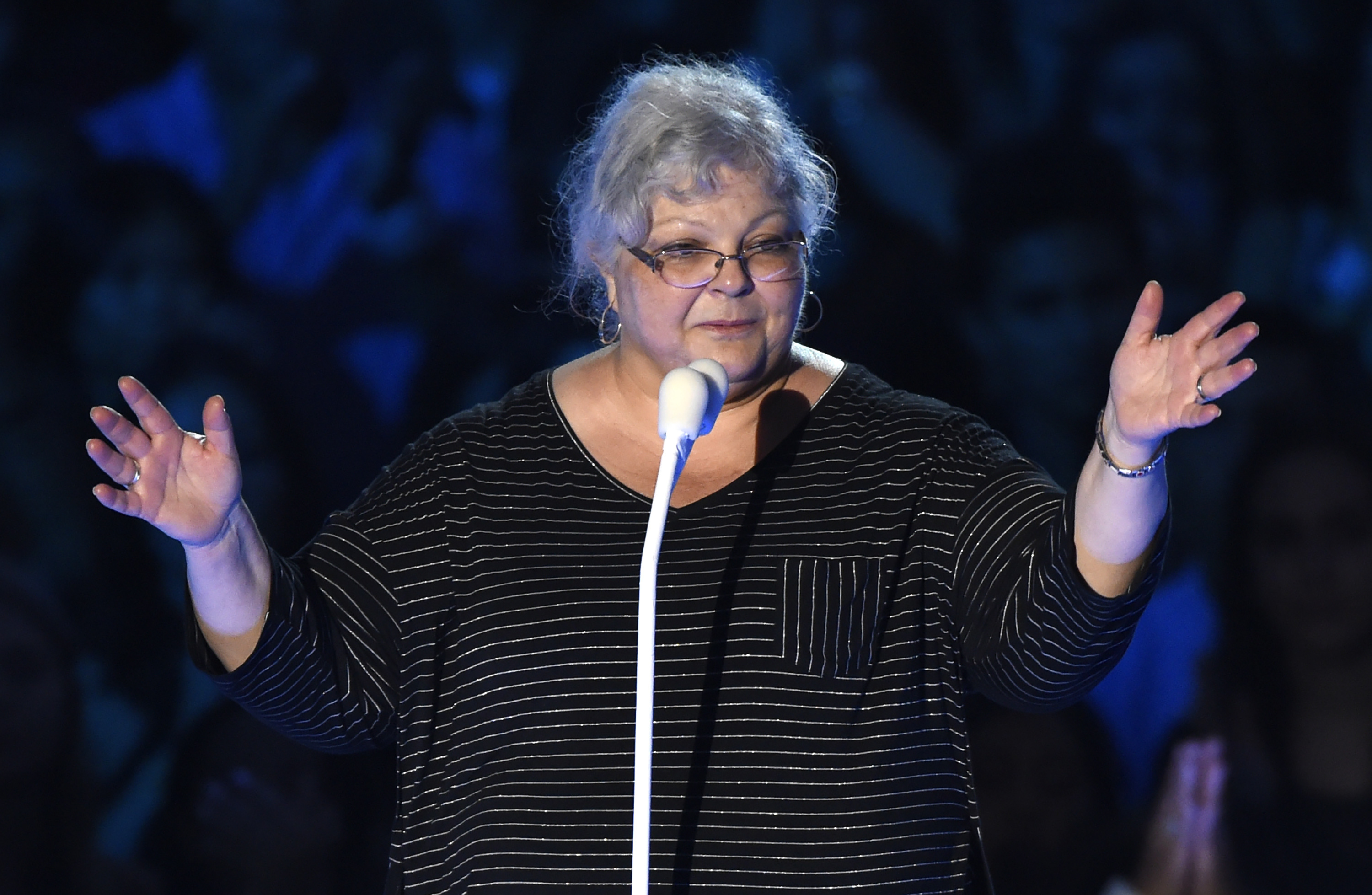 Susan Bro, mother of Heather Heyer, speaks at the MTV Video Music Awards at The Forum on Sunday, Aug. 27, 2017, in Inglewood, Calif. Heyer was killed in Charlottesville, Va., after a car crashed into demonstrators protesting a white supremacy rally. CREDIT: Chris Pizzello/Invision/AP