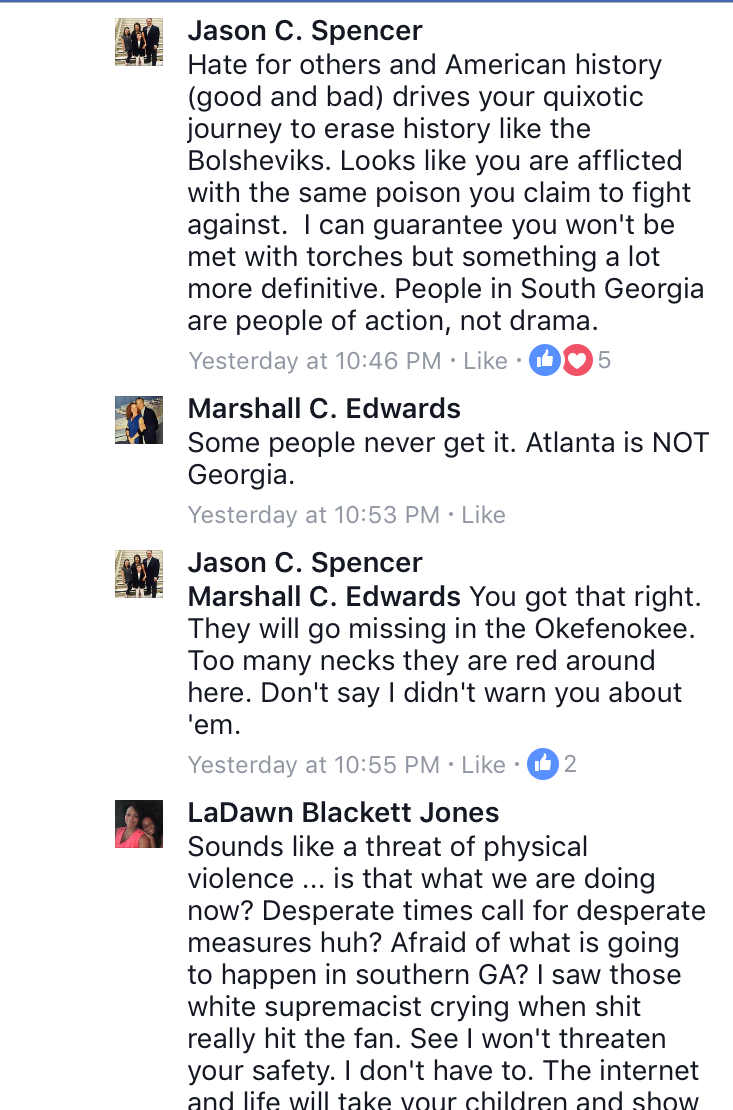 Screenshot of state Rep. Jason C. Spencer's (R-Woodbine) personal Facebook post, in which he tells former state Rep. LaDawn Jones (D-Atlanta) that she will "go missing" for criticizing Confederate monuments. (Credit: Atlanta Journal Constitution, Jason C. Spencer Facebook)