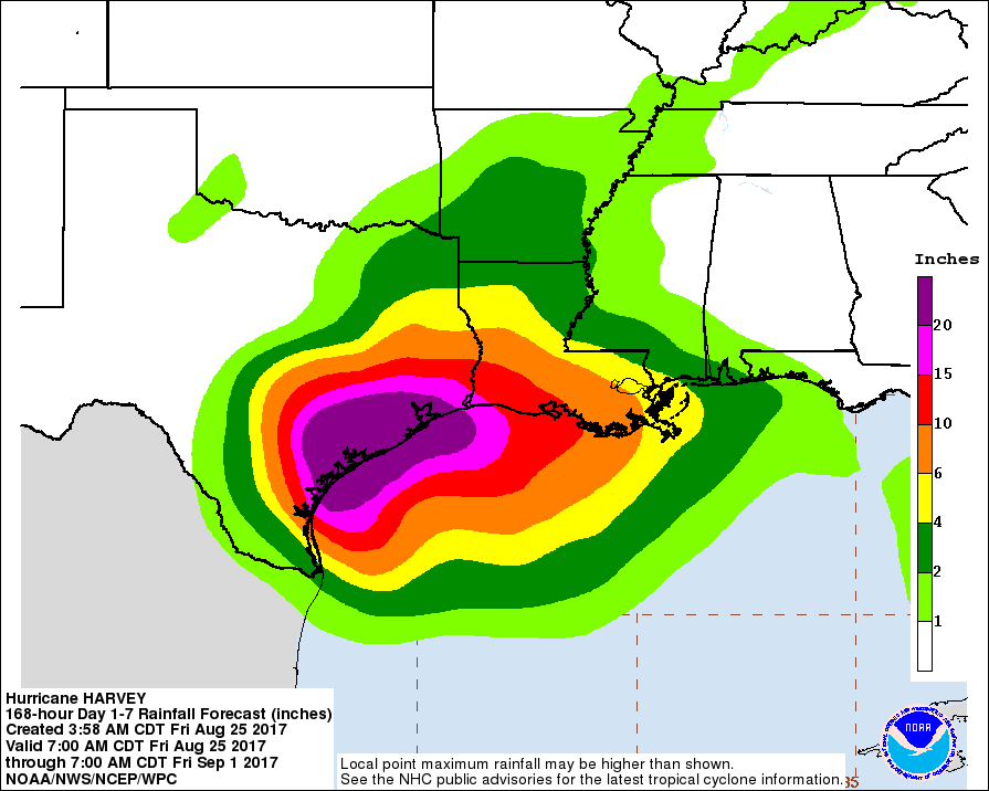 Rainfall predictions for Texas with Hurricane Harvey. CREDIT: National Weather Service