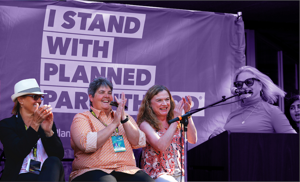 Seattle Storm owners Ginny Gilder, Lisa Brummel, and Dawn Trudeau at the team's Planned Parenthood rally. CREDIT: AP and Adam Peck