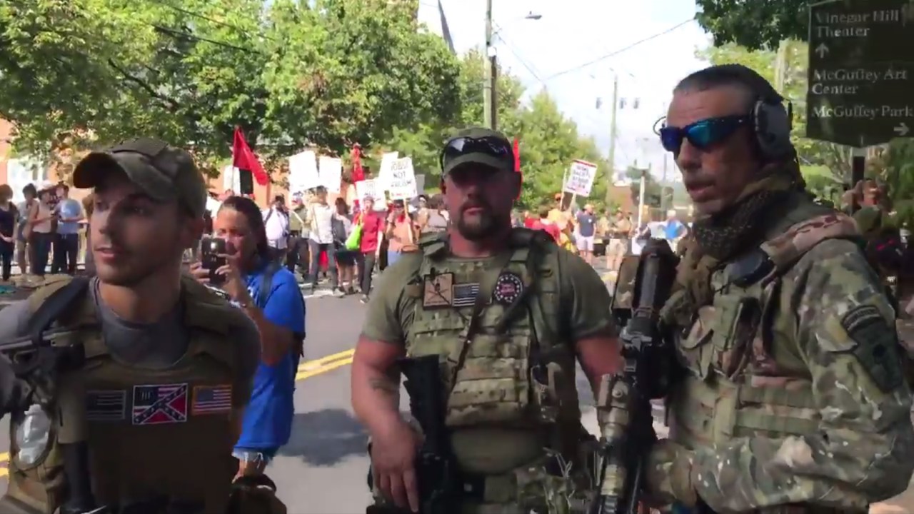Don't blame the First Amendment for these jokers, blame Virginia's too-lenient gun laws.
(CREDIT: Screenshot from video captured by fmr. Rep. Tom Perriello (D-VA))