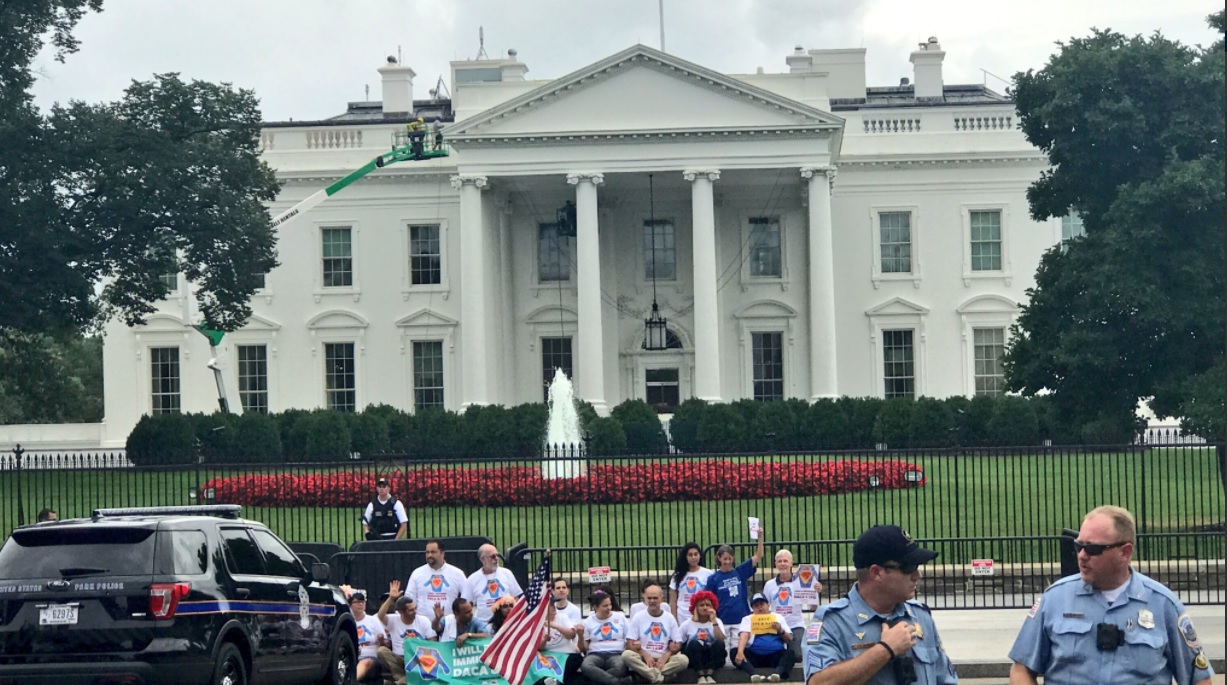 Immigrant advocates protest outside the White House on Tuesday, August 15, 2017, the fifth anniversary of the DACA initiative. CREDIT: United We Dream
