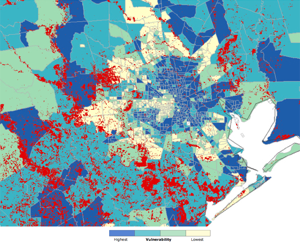 Red areas represent the maximum observed flooding during Hurricane Harvey. Each shaded section of the map represents a census tract, colored according to its relative vulnerability. Darker areas are more vulnerable. CREDIT: Nexus Media
