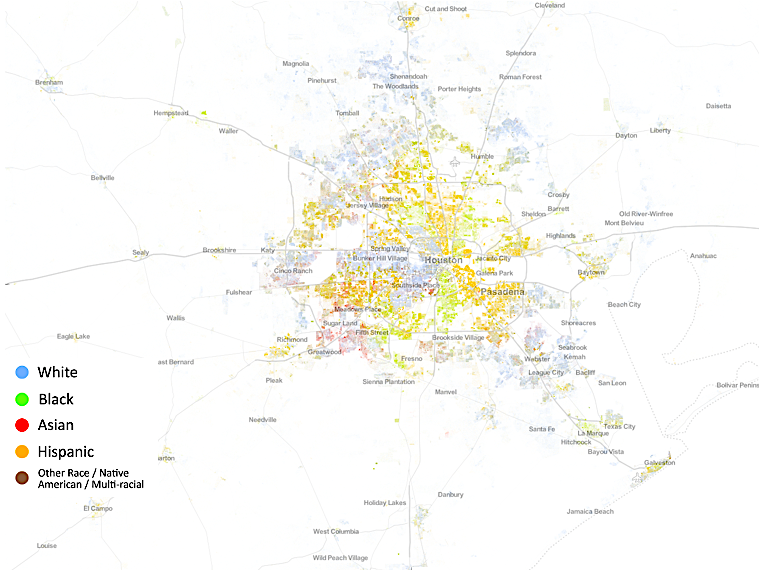 On this map, each person in Houston is represented by a single dot smaller than a pixel. Each dot is colored according to the race of that person. Data come from the 2010 US Census. White people tend to live on the west side of the city, while black and hispanic people tend to live on the east side. CREDIT: Dustin Cable, University of Virginia Weldon Cooper Center for Public Service