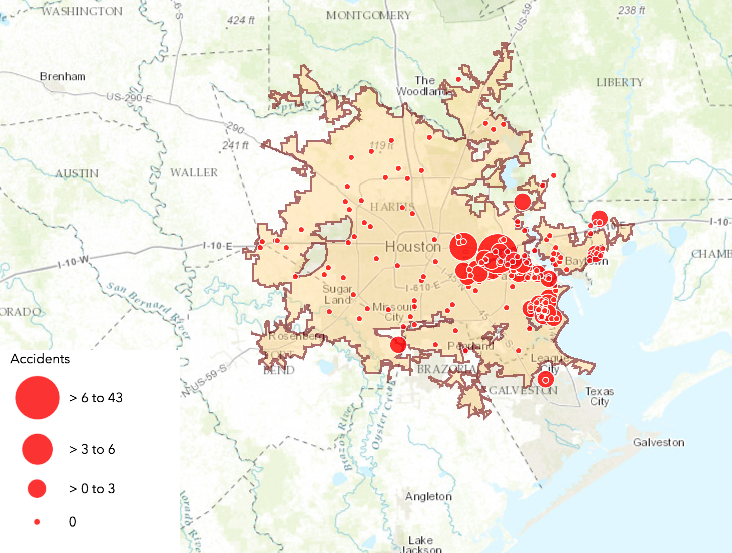 The red dots represent serious accidents at industrial facilities in Houston between 2012 and 2016. Accidents tend to cluster around low-income communities on the east side of the city. CREDIT: Union of Concerned Scientists